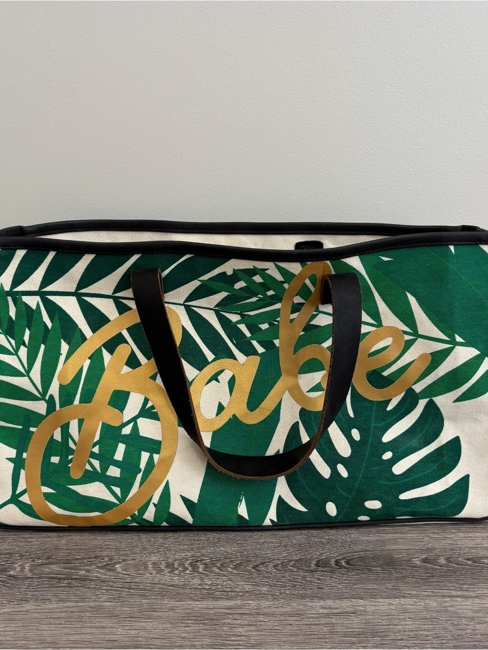 Babe Palm Leaves Canvas Tote Bag Gold Lettering Faux Leather Handles